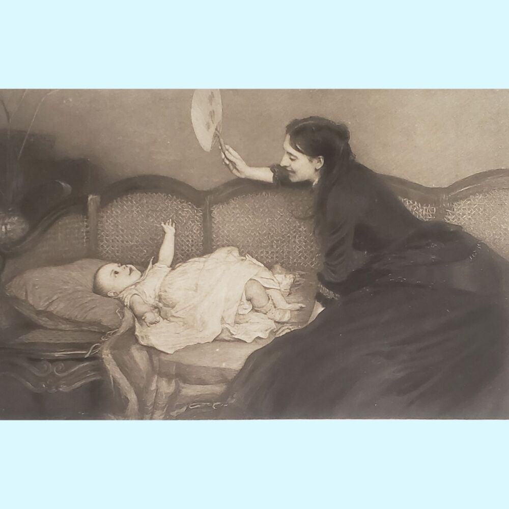 "Portrait" by W.Q. Orchardson Woman with Fan & Baby Late 1800s Etching Print